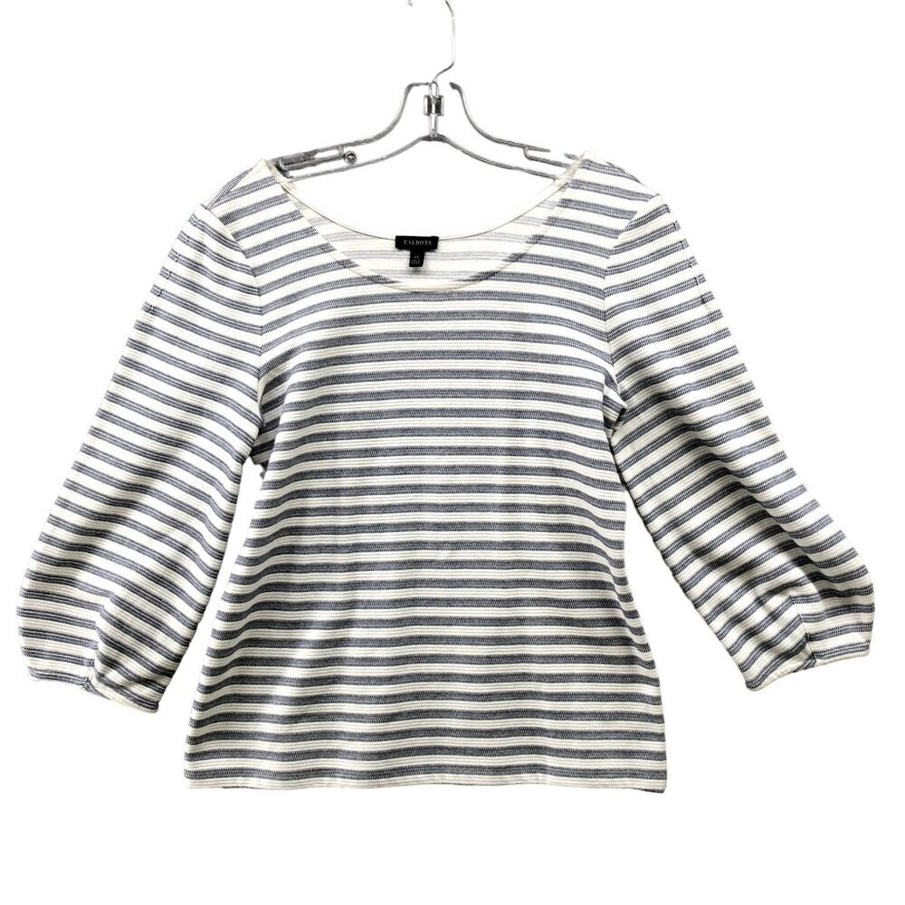 Talbots Textured Knit Top Womens XS Balloon‎ Sleeve White Blue Striped Nautical